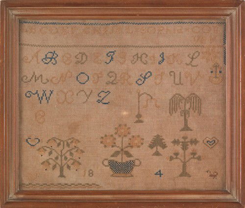 Silk on linen sampler dated 1859, 7 1/2'' x 9 1/4: Silk on linen sampler dated 1859, 7 1/2'' x 9 1/4''.