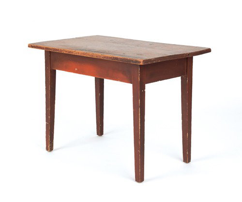 New England painted pine work table, 19th c., wit: New England painted pine work table, 19th c., with a scrubbed top and old red surface, 24 1/2'' h., 34'' w., 21'' d.