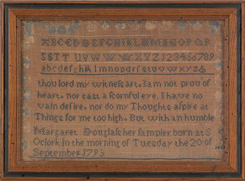 Silk on linen sampler dated 1793, wrought by Marg: Silk on linen sampler dated 1793, wrought by Margaret Douglass, 12'' x 17''.