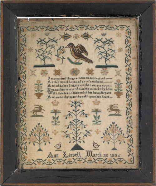Silk on linen sampler dated 1806, wrought by Ann: Silk on linen sampler dated 1806, wrought by Ann Linsell, 15 1/2'' x 12 1/2''.