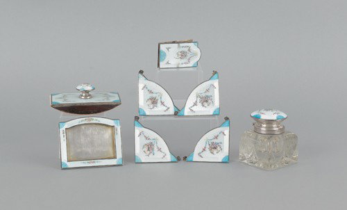 Sterling silver and champleve desk set by Foster: Sterling silver and champleve desk set by Foster & Bailey.