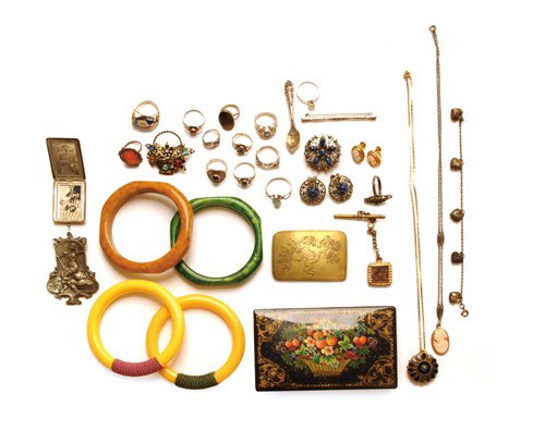 Sterling locket, filigree pins and earrings, ring: Sterling locket, filigree pins and earrings, rings (some silver), Bakelite bangles, etc.