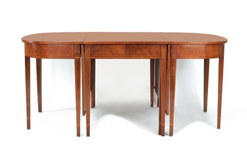 Federal style mahogany three-part dining table, 3: Federal style mahogany three-part dining table, 30'' h., 46'' l., 114'' d. (open).