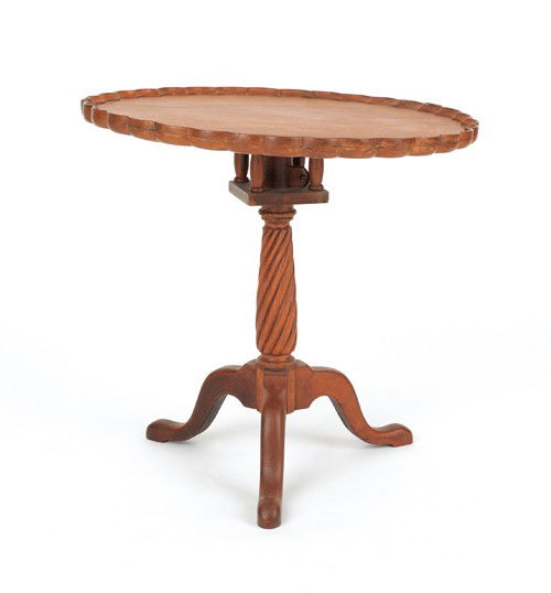 Cherry scalloped top tea table, 19th c., 27'' x 1: Cherry scalloped top tea table, 19th c., 27'' x 16 1/2''.