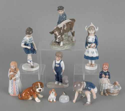 Nine Royal Copenhagen and B&G porcelain figures, : Nine Royal Copenhagen and B&G porcelain figures, together with a German porcelain dog, tallest - 7 1/2'' h.