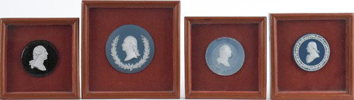 Two jasperware portrait plaques of George Washing: Two jasperware portrait plaques of George Washington, together with a wax plaque and sulphide.