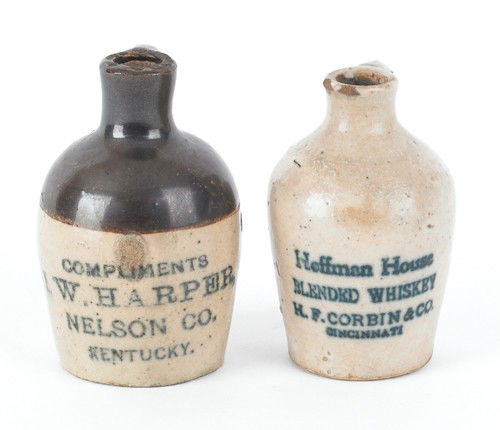 Two miniature stoneware jugs, inscribed Hoffman: Two miniature stoneware jugs, inscribed Hoffman House Cincinnati and J.W. Harper Kentucky, 3'' h.