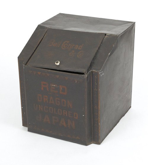 Bell Conrad & Co. tin tea bin, 19 1/2'' h., 17 1: Bell Conrad & Co. tin tea bin, 19 1/2'' h., 17 1/2'' w.