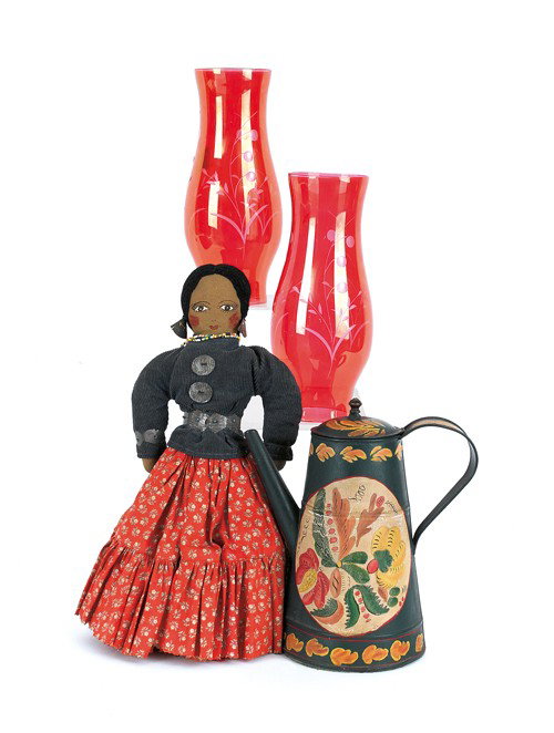 Modern tole coffee pot, together with a cloth dol: Modern tole coffee pot, together with a cloth doll, two walking sticks, and a pair of ruby glass shades.