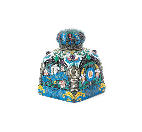 Russian silver, enamel, and cabochon inlaid tea c: Russian silver, enamel, and cabochon inlaid tea caddy, ca. 1900, bearing the maker's mark of Feodor Ruckert, 5 1/4" h., approx. 23.40 ozt.