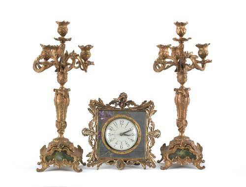 Pair of ormolu candelabra, 7'' h., together with: Pair of ormolu candelabra, 7'' h., together with a Sessions desk clock, 9'' h.