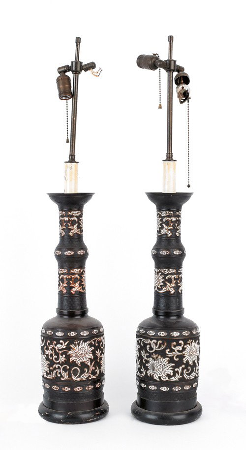 Pair of Chinese cloisonn? table lamps, 20'' h., t: Pair of Chinese cloisonn? table lamps, 20'' h., together with a celadon glaze umbrella stand, 24'' h.