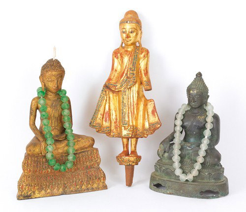 Two Southeast Asian cast bronze Buddha figures, 1: Two Southeast Asian cast bronze Buddha figures, 19'' h. and 15'' h., together with a cast remnant Buddha.