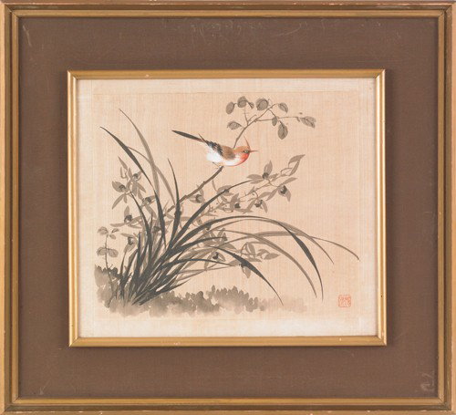 Two watercolor on rice paper paintings, together : Two watercolor on rice paper paintings, together with a watercolor scroll with a squirrel.