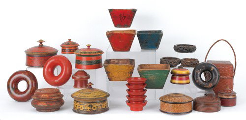 Group of Southeast Asian painted turned woodenwar: Group of Southeast Asian painted turned woodenware and baskets.