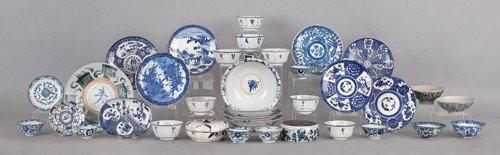 Group of blue and white Asian export tableware.: Group of blue and white Asian export tableware.