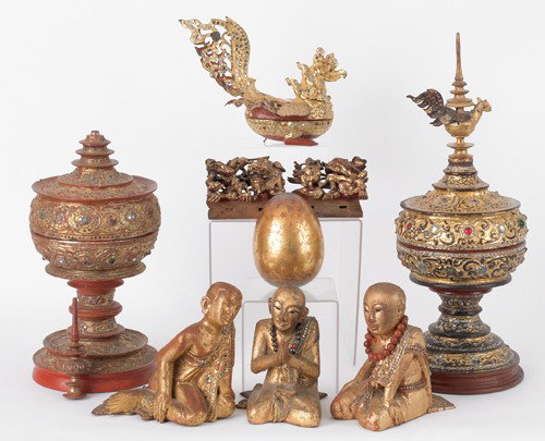 Group of Southeast Asian giltwood figures, canist: Group of Southeast Asian giltwood figures, canisters and brackets.