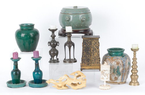 Miscellaneous Asian tableware to include celadon: Miscellaneous Asian tableware to include celadon canister, candleholders, and a pierced bone canister.