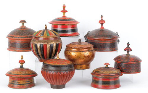 Group of Southeast Asian turned canisters, nine p: Group of Southeast Asian turned canisters, nine pcs.