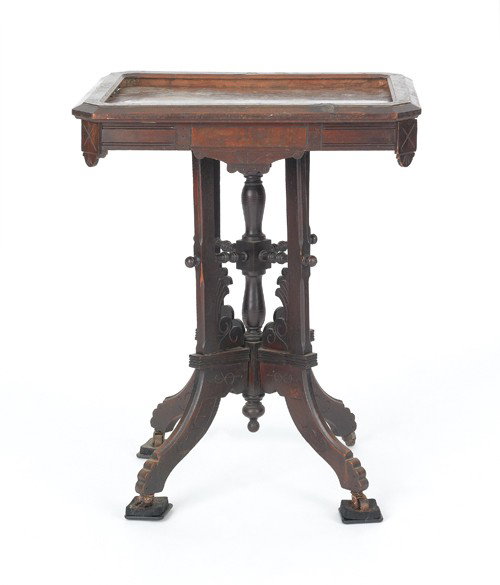 Victorian marble top table, 29 1/2'' h., 24 1/2'' w: Victorian marble top table, 29 1/2'' h., 24 1/2'' w., together with a mirror, 41'' l., 21'' w.