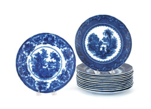 Thirteen flow blue plates, 19th c., 8 1/2'' dia.: Thirteen flow blue plates, 19th c., 8 1/2'' dia.