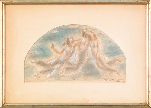 John Wesley Carroll (American, 1892-1959), mixed: John Wesley Carroll (American, 1892-1959), mixed media drawing of three maidens, signed lower right, 7 3/4'' x 13 1/2''.