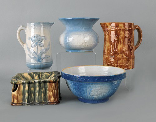 Collection of stoneware and pottery, to include R: Collection of stoneware and pottery, to include Rockingham glaze pitcher, two spittoons, bowl, and another pitcher.