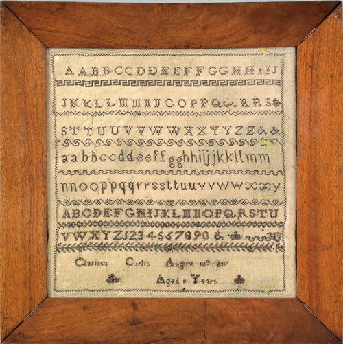 Silk on linen sampler, dated 1837, wrought by C: Silk on linen sampler, dated 1837, wrought by Clarissa Curtis, 12 1/4'' x 12 1/4''.