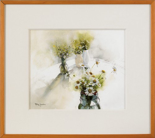 Philip Jamison (American, b. 1925), watercolor st: Philip Jamison (American, b. 1925), watercolor still life titled Four Vases, signed lower left, 12'' x 14 3/4''.