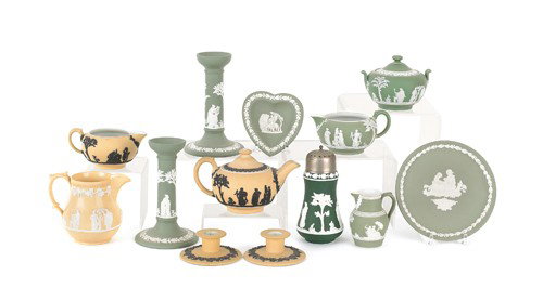 Collection of Wedgwood green and yellow jasperwar: Collection of Wedgwood green and yellow jasperware.
