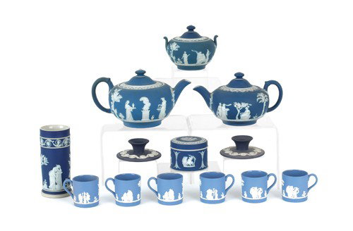 Collection of Wedgwood blue jasperware.: Collection of Wedgwood blue jasperware.