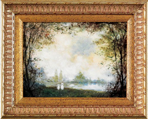 Oil on board landscape signed Llewelyn, 5 1/2'': Oil on board landscape signed Llewelyn, 5 1/2'' x 7 1/2'', together with an enamel landscape by Charles Parthesius, 3'' x 4'', and a Persian hunt scene, 2 1/2'' x 5 1/4''.