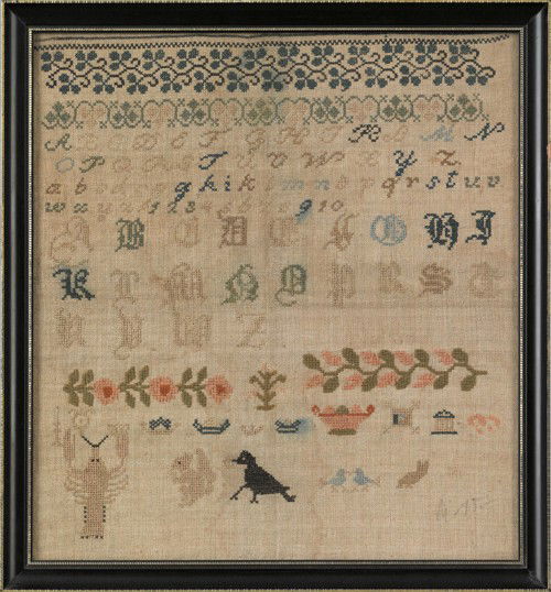 Silk on linen sampler, early 19th c., 13 1/4'' x 1: Silk on linen sampler, early 19th c., 13 1/4'' x 12''.
