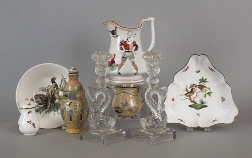 Group of porcelain, to include an ironstone pitch: Group of porcelain, to include an ironstone pitcher with cock fighting scenes, together with a pair of glass candlesticks.