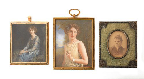 Two miniature watercolor on ivory female portrait: Two miniature watercolor on ivory female portraits, early 20th c., one signed C.B. Pereira, largest - 3 1/2'' x 4 1/2'', together with a silver and shagreen frame.
