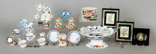 Miscellaneous tableware, to include miniature sil: Miscellaneous tableware, to include miniature silver and porcelain, watercolor on ivory portrait, etc.