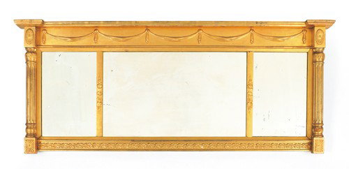 Sheraton giltwood overmantle mirror, ca. 1820, 26: Sheraton giltwood overmantle mirror, ca. 1820, 26'' x 64 1/2''.