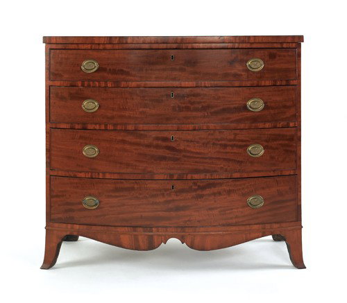 Hepplewhite mahogany bow front chest of drawers, : Hepplewhite mahogany bow front chest of drawers, 19th c., 38 1/2'' h., 43'' w.