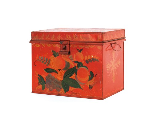 American red tole box, early 20th c., 10 1/4'' h.,: American red tole box, early 20th c., 10 1/4'' h., 13 1/4'' w.