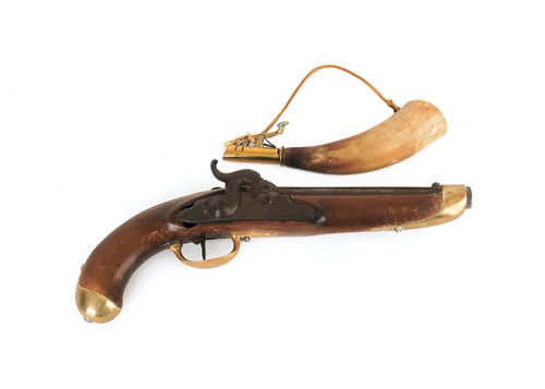 German percussion pistol, early 19th c., stamped: German percussion pistol, early 19th c., stamped St. Blasieh, together with a powderhorn.