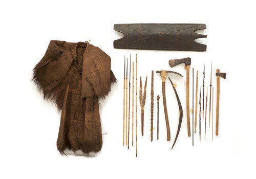 Collection of South Pacific weapons and accoutrem: Collection of South Pacific weapons and accoutrements, to include spears, shield, etc. Provenance: Pennsylvania educational institution.