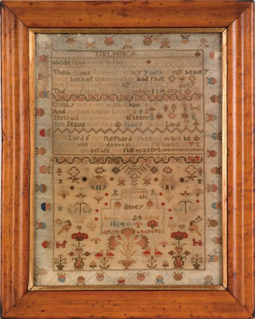 English silk on linen sampler with intricate vers: English silk on linen sampler with intricate verse, stylized trees and birds, wrought by Hanna Beney, 1814, 17 1/2'' x 13''.