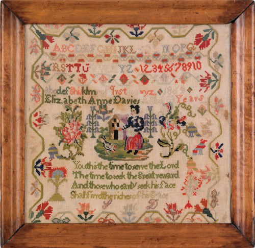 Wool on linen sampler with vignette of a woman fe: Wool on linen sampler with vignette of a woman feeding chickens, 14 1/2'' x 15''.