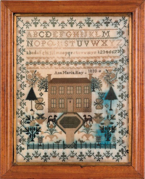 Wool on linen sampler wrought by Ann Maria Wray,: Wool on linen sampler wrought by Ann Maria Wray, 1833, with a Georgian home in a landscape, 16'' x 12 1/2''.