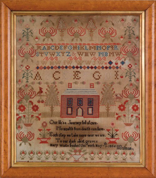 Wool on linen sampler with Georgian home in lands: Wool on linen sampler with Georgian home in landscape by H. Bulman, 1856, 17'' x 14 1/2''.