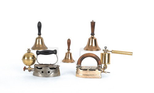 Two gas irons, early 20th c., together with three: Two gas irons, early 20th c., together with three brass school bells, tallest - 8'' h.