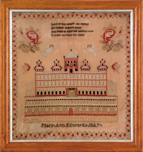 Wool on linen sampler with Solomon's Temple, wrou: Wool on linen sampler with Solomon's Temple, wrought by Mary Ann Edwards, 1847, 25'' x 23''.