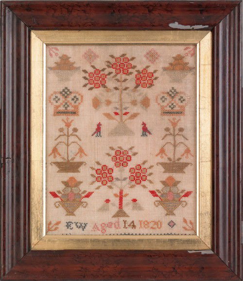 Silk on linen sampler with crowns, potted tulips,: Silk on linen sampler with crowns, potted tulips, and birds, wrought by EW, 1820, 11 1/2'' x 9''.
