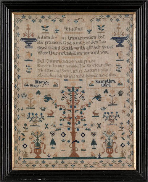 Silk on linen sampler with Adam & Eve, potted flo: Silk on linen sampler with Adam & Eve, potted flowers, and verse, wrought by Mary Sumption, 1853, 15 1/2'' x 9''. (losses)