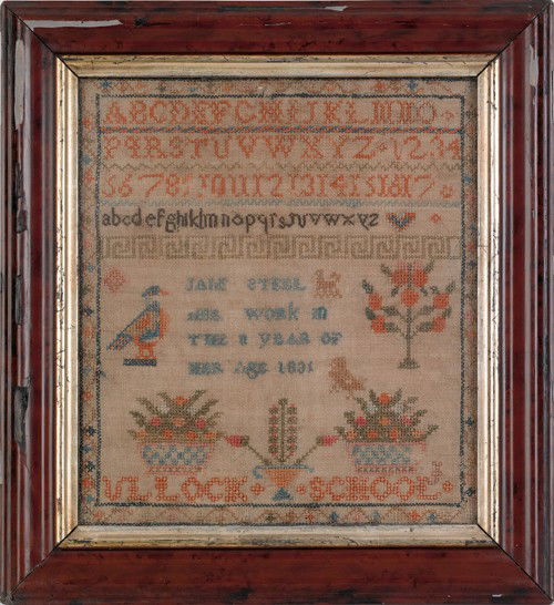 Silk on linen sampler with potted flowers, trees,: Silk on linen sampler with potted flowers, trees, and birds, inscribed Ullock School, wrought by Jane Steel, 1831, 11 1/2'' x 10 1/4''.
